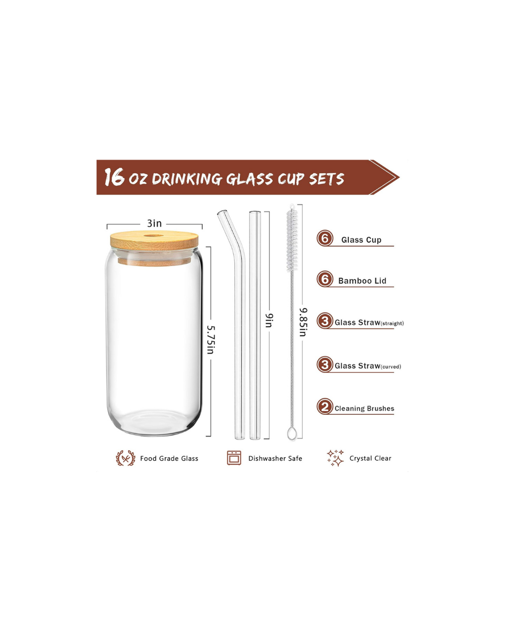 Vaso de vidrio con tapa de bambú y popote reutilizable (16 oz)