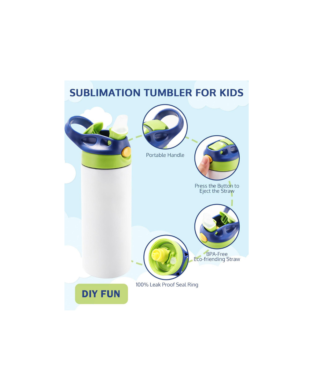 Termo para niños de 12 onzas con popote despegable de un clic y asa